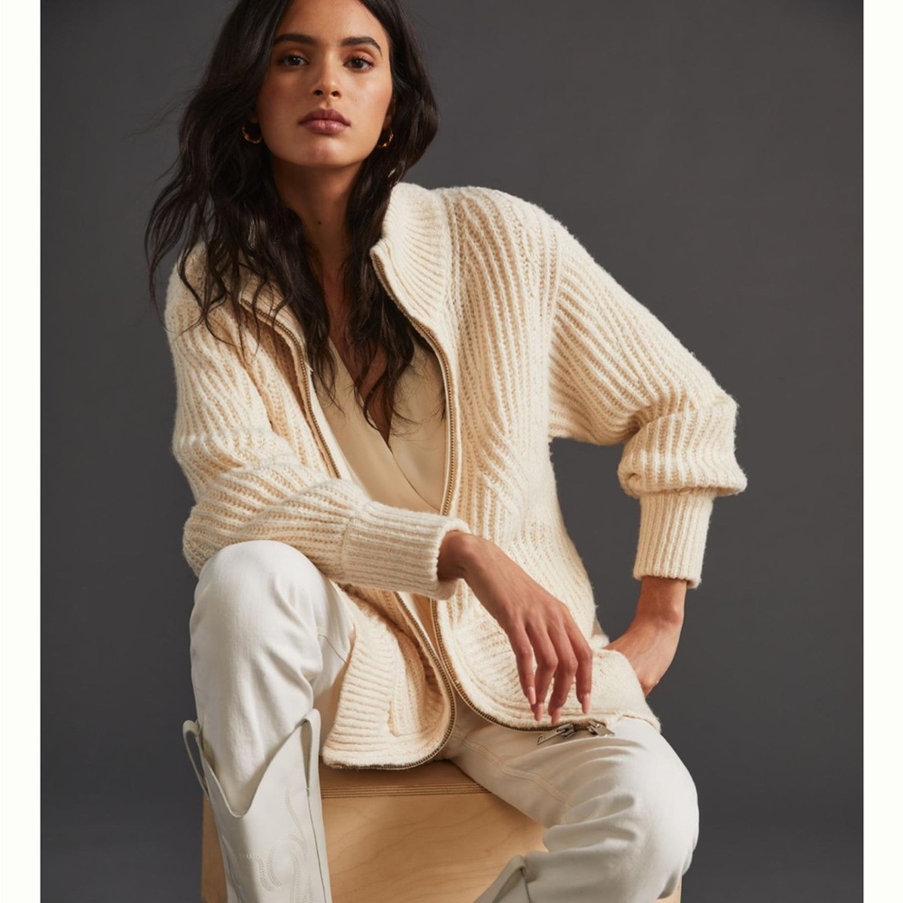 Anthropologie Pilcro Zip-Front Longline Cardigan Ivory Size Small EUC C0645